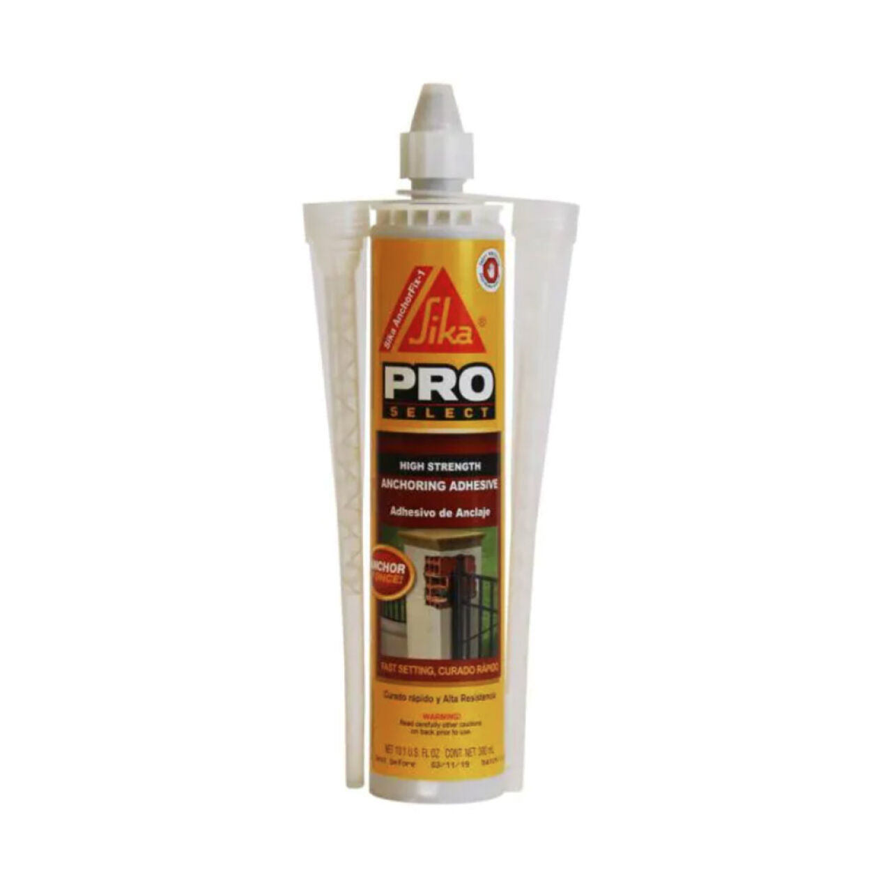 A 10.1 fl. oz. tube of Go Build, The Fastest Way To Build AnchorFix-1 Anchoring Adhesive with a white static mixing nozzle and front labeling in yellow, red, and black displaying product information.